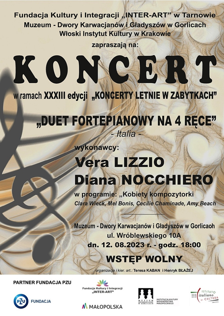 „DUET FORTEPIANOWY NA 4 RĘCE” Vera LIZZIO i Diana NOCCHIERO / KONCERT W DWORZE KARWACJANÓW „DUET FORTEPIANOWY NA 4 RĘCE” Vera LIZZIO i Diana NOCCHIERO / KONCERT W DWORZE KARWACJANÓW